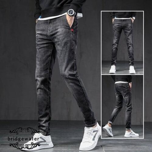 Stretch jeans mens slim straight leg youth full length pants male students autumn winter models casual fashion