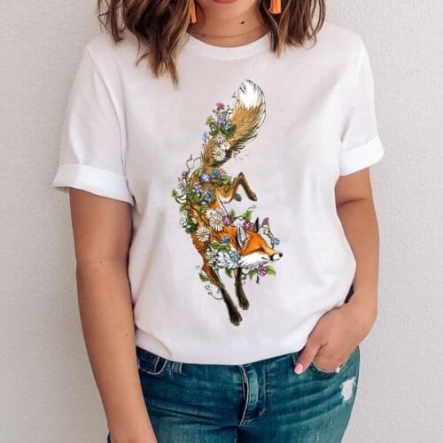 Women Graphic Floral Flower Printing Spring Summer Fox Face Animal Clothes Lady Tops Clothing Tees Print Female Tshirt T-Shirt