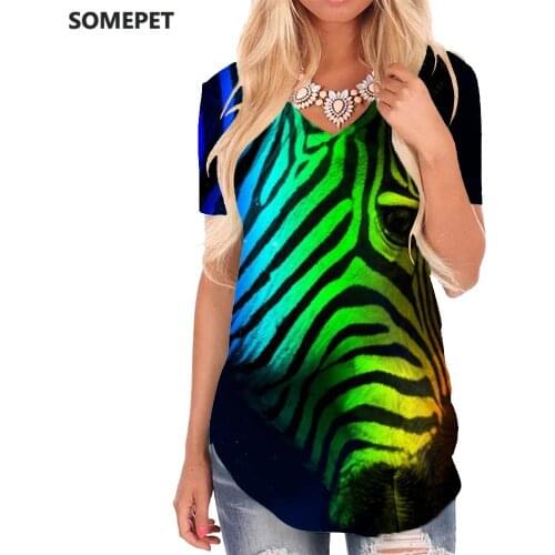 SOMEPET Zebra T Shirt Women Stripe Funny T shirts Colorful Tshirts Printed Rainbow V-neck Tshirt Womens Clothing Punk Rock
