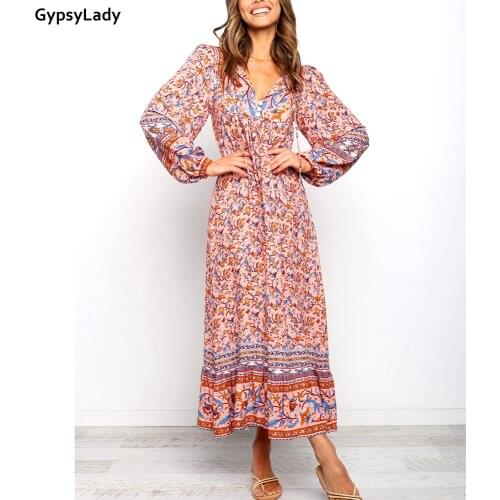 GypsyLady Floral Vintage Boho Dress Autumn Long Sleeve Maxi Dresses Long Sleeve Ethnic Button Front Ladies Girls Casual Dress