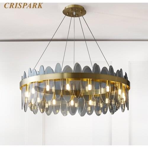 Smoke Crystal Chandelier Lighting LED Round Ceiling Lamp Nordic Indoor Light Fixture for Living Room Restaurant Kitchen Bar