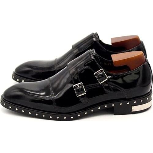 Classic Black Buckle Strap Pointed Toe Dress Shoes Men Top Quality Rivet Casual Leather Shoes Plus Size Men Wedding Formal Shoes
