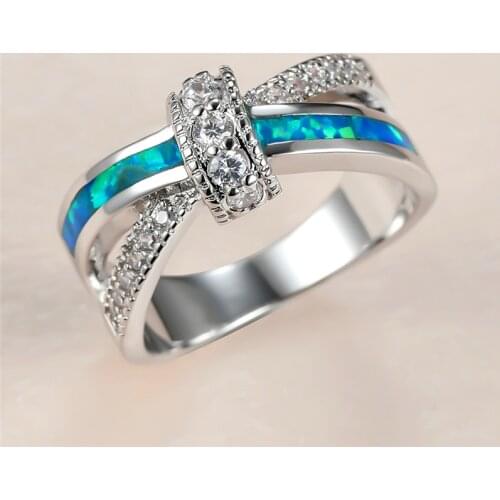 Trendy Female Blue Opal Stone Rings Charm Silver Color Thin Wedding Rings For Women Cute Bride Crystal Bowknot Engagement Ring