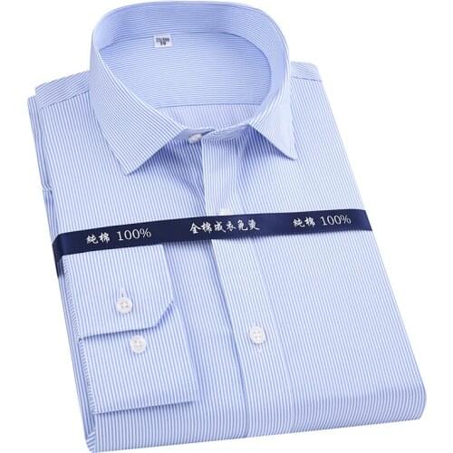 Mens Classic Long Sleeve Striped Dress Shirt Non Iron Regular Formal Business Social Button-up Easy Care Luxury Cotton Shirts