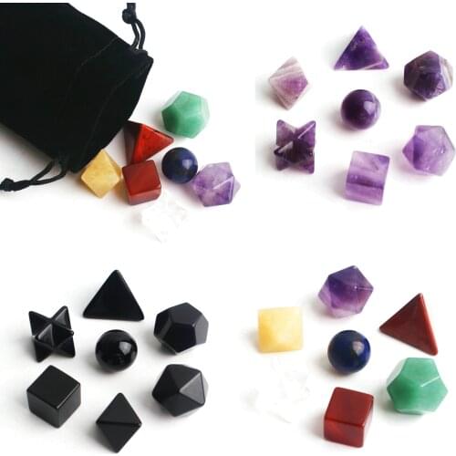 Natural Carved Crystal Platonic Solids Sacred Geometry Symbols 7 Piece Quartz Amethyt Merkaba Star Stone Healing Balancing Set