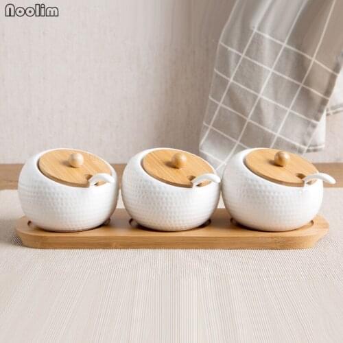 NOOLIM Kitchen Tool 3PC / Set Spice Storage Tins Bamboo Rack Ceramic Jars Spoons for Sugar Pepper Seasoning Boxes Set Mum Gift