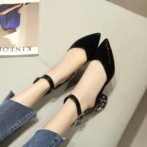 New Female high heels Comfortable heel Colored diamond decoration Thick heel patent leathe Simple designer womens shoes U22-35