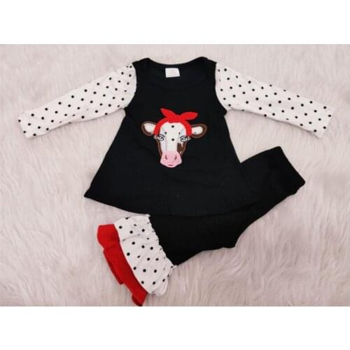 Wholesale/retail embroidery cow outfits baby girls dotted long sleeve top+black pants 2 pcs set kid cute childrens clothing gxj
