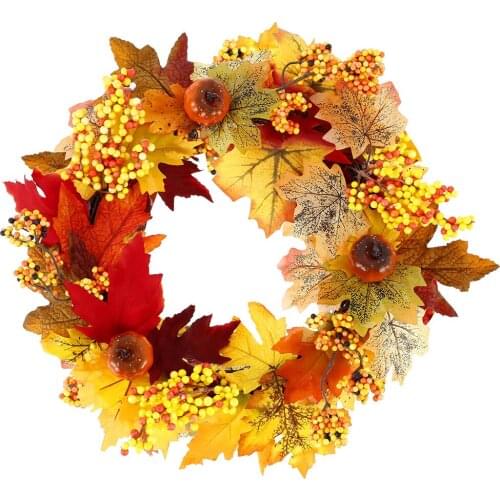 Plastic Artificial Flower Wreath Halloween Wreath Artificial Wall Hanging Wreath Handmade Maple Leaves Garland with Fake Pumpkin