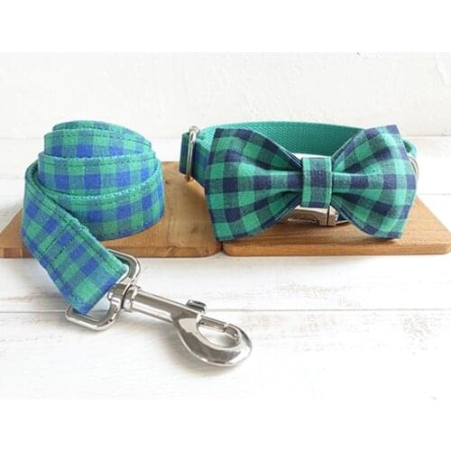 Customized Dog Collar Engraved Puppy ID Tag Leash Collar Set Adjustable Outdoor Plaid Pet Collar Leash Fabric BLUE GREEN PLAID