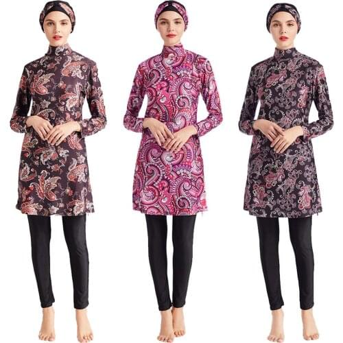 Plus Size Modest Burkini Muslim Women Print Swimwear Hijab Swimsuit Islamic Long Sleeve Full Cover Beachwear Swim Bathing Suit