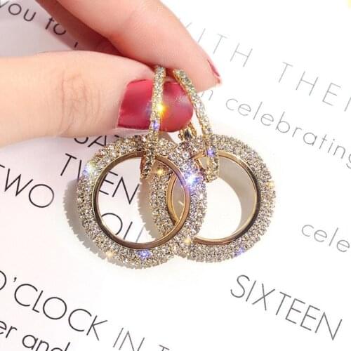 Upper Luxury Sparkly Rhinestone Circles Pageat Drop Earrings for women with Never-back Clip