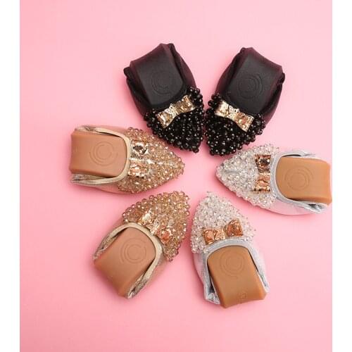 Luxury Beaded flat shoes woman large size casual soft bottom single shoe ballerinas shallow loafers 3d gold bow moccasins female