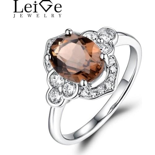 Leige Jewelry Oval Smoky Quartz Ring Wedding Engagement Promise Rings for Women Sterling Silver 925 Fine Jewelry Brown Gemstone