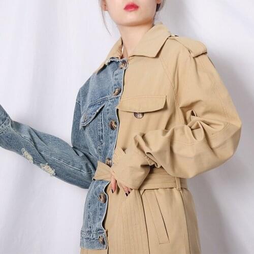 Unua amo 2021 Spring Coat Women Long Fashion Single-breasted Hit Color Irregular Spliced Denim Windbreaker Female Jacket