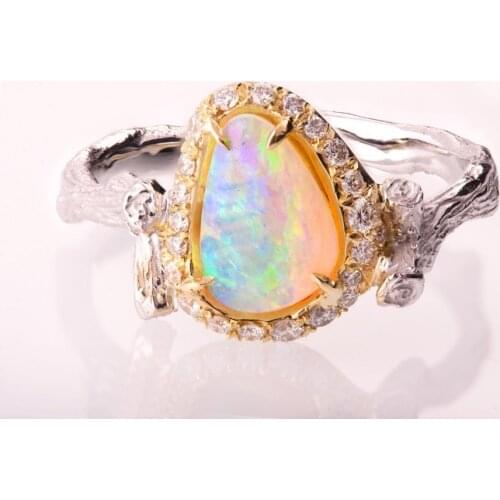 WYJZY Inlaid opal twig modeling ring lady retro style elegant temperament jewelry lady anniversary gift