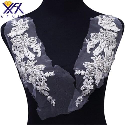 XFX VENUS 1 Pair Rhinestone Patch Applique Handmade Embroidery Bridal Crystal Beaded Bodice for Sewing on Wedding Dress Bridal