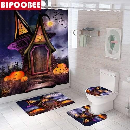 Halloween Pumpkin Shower Curtains Festival Decor with Hooks Pedestal Non-slip Carpet Bathroom Toilet Cover Mats Bathtub Curtain