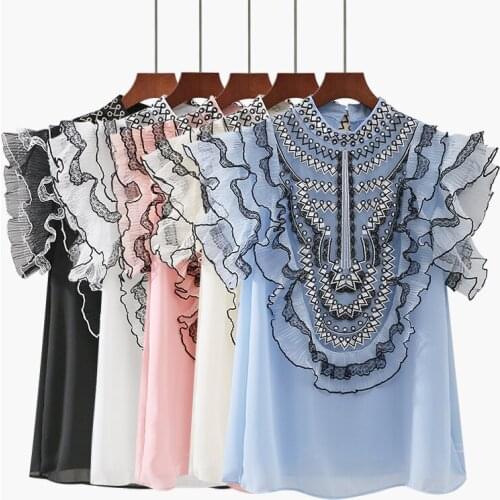 Elegant Summer Women Flying Sleeve Embroidery Lace Mesh Gauze Ruffles Chiffon Shirt Lady Elastic Slim Pullover Chic Blouse Tops