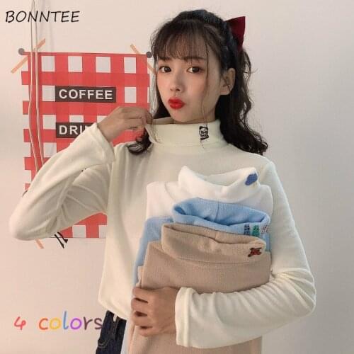 T-shirts Women Turtleneck Thicker Plus Velvet Sweet Lovely Cartoon Slim Warm Autumn All-match Stylish Daily Korean Style Leisure