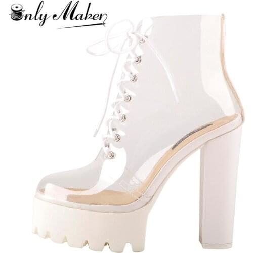 Onlymaker Womens Platform Chunky Heel Ankle Bootie Round Toe Lace Up Comfortable Clear Ankle Boots White Big Size US15 EU46