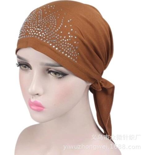 Women Muslin Hats With Drill Turban Pure Color Black caps underscarf Women Head Bonnet