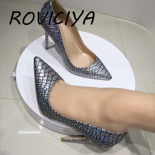 Silver brand fashion new snake pattern pointed high heels exquisite shoes 12cm high heel ladies party shoes YG023 ROVICIYA