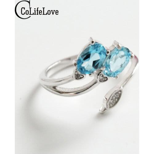 Cheap price topaz fine jewelry real stamped 925 silver ring for woman cute leaf ring 2 pieces 4*6mm natural topaz stone gift