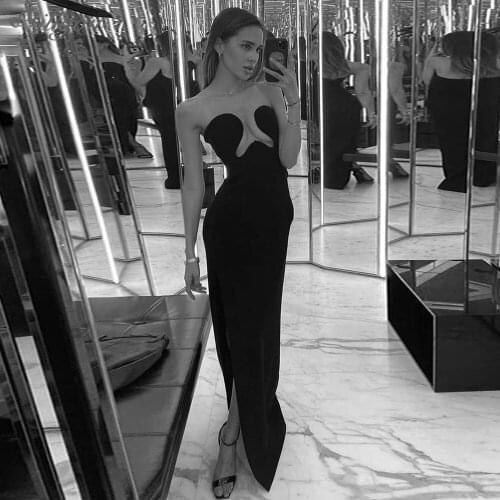 Ailigou WomenS Sexy Off-Shoulder Open-Back Split Black Long Tight-Fitting Bandage Dress 2021 Elegant Club Party Dress Vestidos