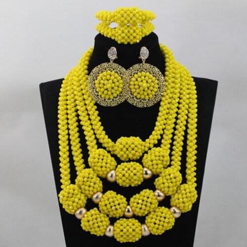 Lemon Yellow Crystal 4 Rows Handmade Beads Jewelry Sets Trendy African Wedding Party Necklace Jewelry Set Free Shipping ALJ1010