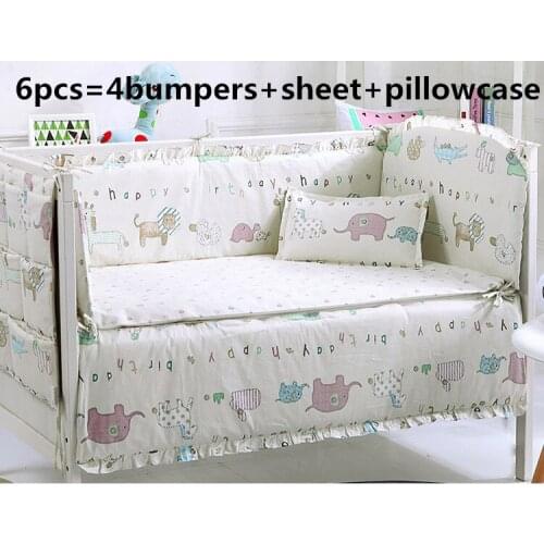 6PCS Cartoon Baby Bedding Set Cot Set Cotton Unisex Baby Nursery Cot Bedding Crib Set cuna colecho (4bumpers+sheet+pillow cover)