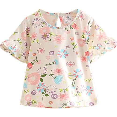 2017 Summer Short-Sleeve Female Child Childrens Clothing Colurful Flower Print Baby Girl Flare Sleeve T-Shirt