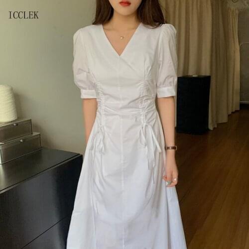 French Elegant V-Neck Tie Waist Slim Puff Sleeve Midi White 2021 New Summer Korean One-Piece Womens Casual Ladies Office Dress
