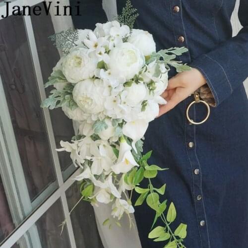 JaneVini Artificial Bridal Bouquet Waterfall Style White Wedding Bouquet Bridesmaid Flowers Church Wedding Bride Silk Peonies