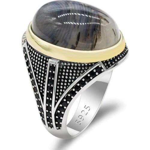 Natural Agate Stone 925 Silver Mens Ring Agate&CZ Stone Claw Vintage Party Ring Turkish Jewelry Fine Jewelry Exquisite Design