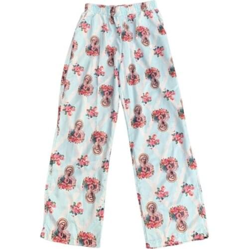 Summer Korean retro flower print loose high waist bf wide leg high street casual pants women