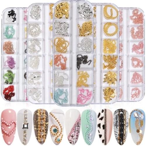 12 Grid Mix Colors Metal Chain Nail Art Decorations Crystal Studs Shiny Rhinestones Dangle Metal Rivets DIY Jewelry Accessories