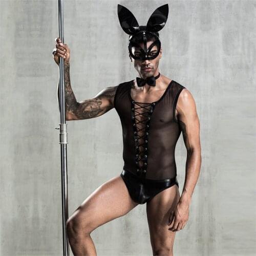 New arrival Novelty Hot Sexy Male Underwear String Homme Mens Sexy Bodysuit Bow Tie Performance Clothes Rabbit