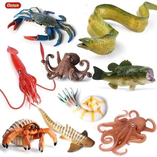 Oenux New Ocean Marine Hermit Crab Model Moray Eel Zebra Shark Sea Life Animal Action Figures PVC Educational Toy For Kids Gift