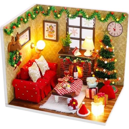 Christmas Room Bed DIY Miniature Wooden Doll House With Light Furniture Kit Casa Assembled Dollhouse Set Toys for Children Gifts