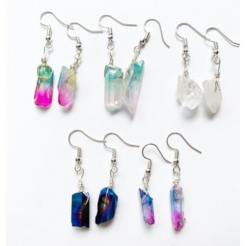 Point Crystal Drop Earrings for Women Colorful Natural Wand Point Rough Stones Earrings Hanging Dangle Statement Eardrop