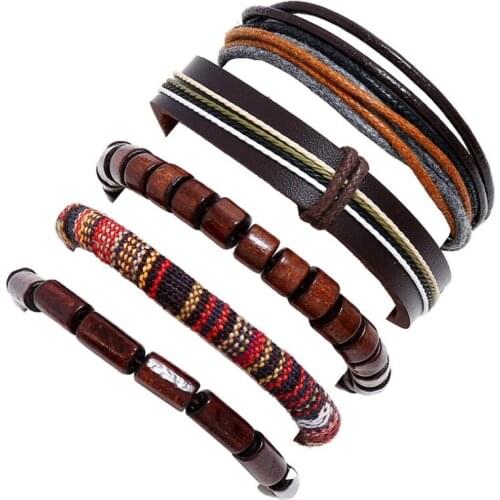 Vintage Retro Casual Leather Bracelet Set 5pc Multilayer Weave Ethnic Charm Beads Bangle Wristband for Fashion Women Men Jewelry