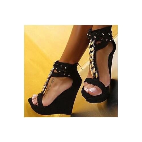 New fashion Rome style wedge sandal for woman 2017 summer platform t-strap studded sandal gold chains gladiator sandal black