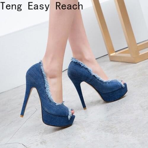 Women Pumps Shoes Super High Heels Sexy Fashion Thin Heels Platform Denim 2021 Spring Autumn Peep Toe Party Wedding Black Blue