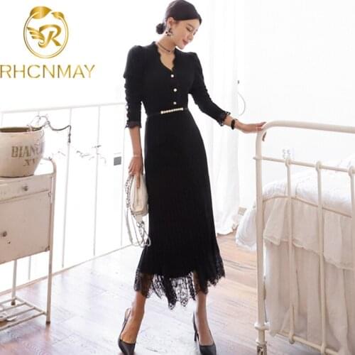 2020 Autumn and winter 2PCS Set Women Knitted Long Sleeves Splicing Lace Single Breasted Sweater top + Lace skirt two piece Set