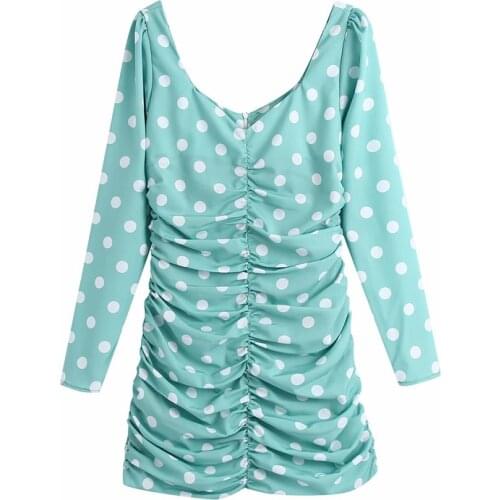 Evfer Women Fashion Polka Dot Print Za Spring Pleated Mini Dresse Chic Lady Vintage Square Collar Long Sleeve High Waist Dresses