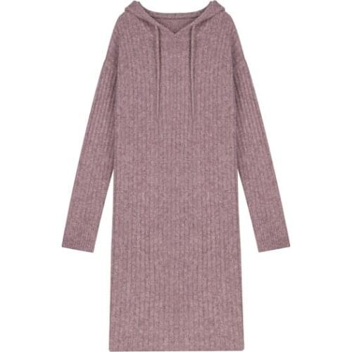 Long Sleeve Purple Dress Female Casual Hooded Knitted Dress Winter Womens Maxi Sweater Dress Warm Long Loose Long Thick