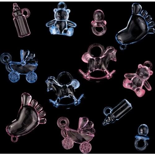 20pcs/lot 7 Designs Pink Blue Acrylic Cute Bear/Carriage/Rocking Horse For Baby Shower Christening Party Candy Box Gift Favor