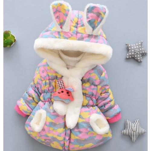 2020 Winter Girls Fashion Plaid Coat Childrens Clothing Thickened Plus Velvet Rabbit Ears Hooded Jacket 0-2 Years
