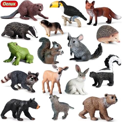Oenux 16PCS Wild Animals Bird Fox Wolf Deer Model Action Figure Farm Rabbit Baby Figurines Miniature Cake Toppers Cute Kids Toys